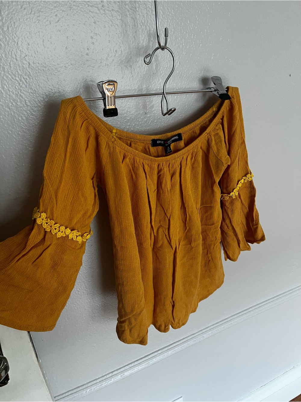 one clothing Mustard Yellow Off-Shoulder Bell Sleeve Tunic